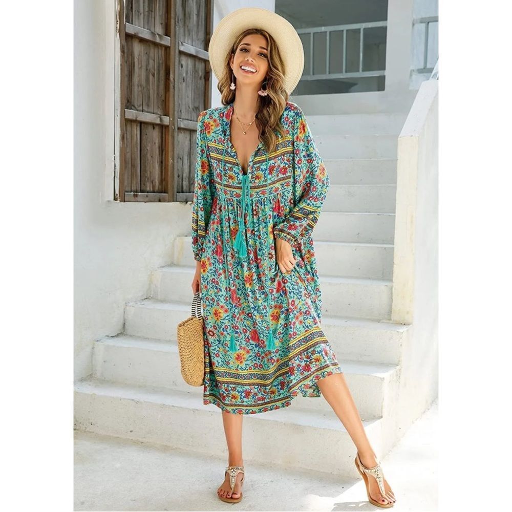 R. Vivimos Boho Long Sleeve Floral Print V-Neck Midi Peasant Dress Size Small